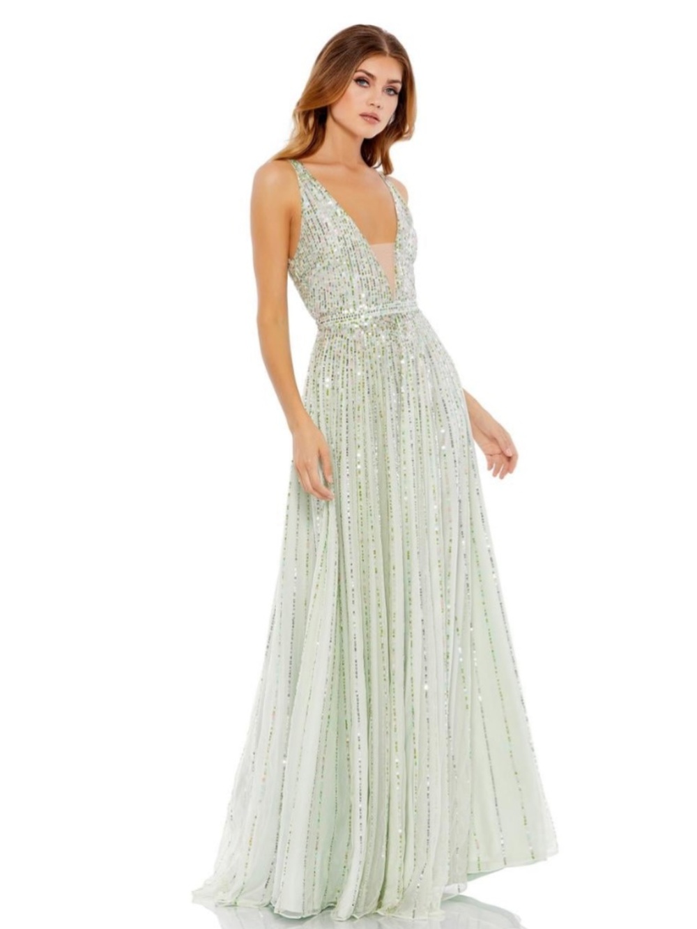 Mac Duggal Plunging Neckline Sequin Dress in Mint